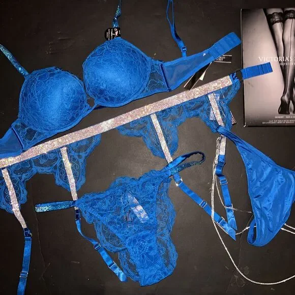 Victoria's Secret 32A,32B,32C BOMBSHELL BRA SET+GARTER NEON BLUE SHINE STRAP